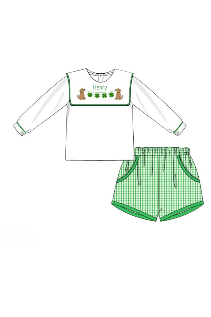 Lucky Pup Embroidered Windowpane Bib Short Set - Image 3