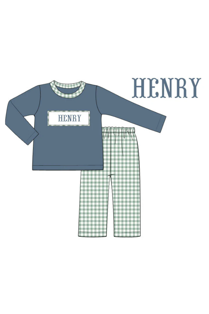 Pre-Order Smocked Sage and Stone Gingham Custom Name Pant Set