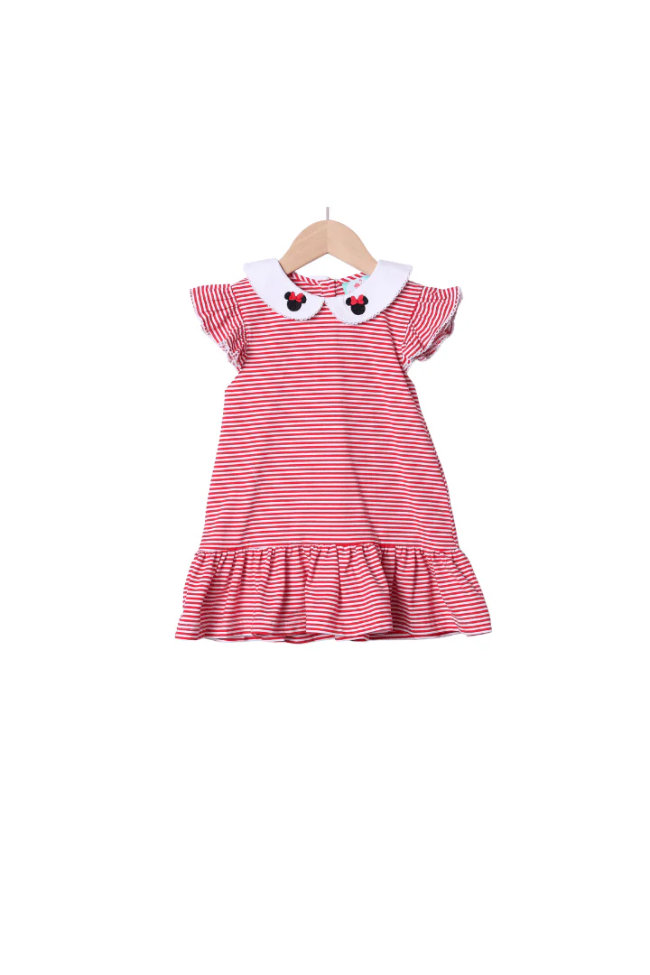 Mouse Red Knit Stripe Flutter Dress