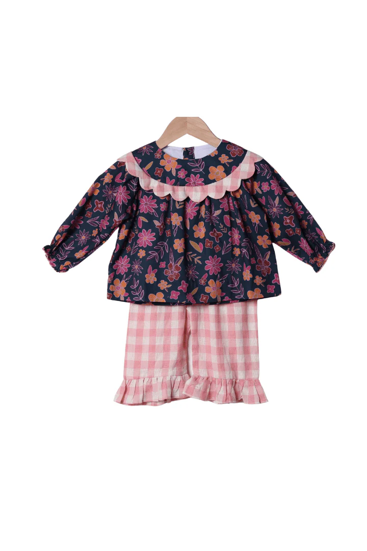 Navy Fall Floral Scalloped Pant Set