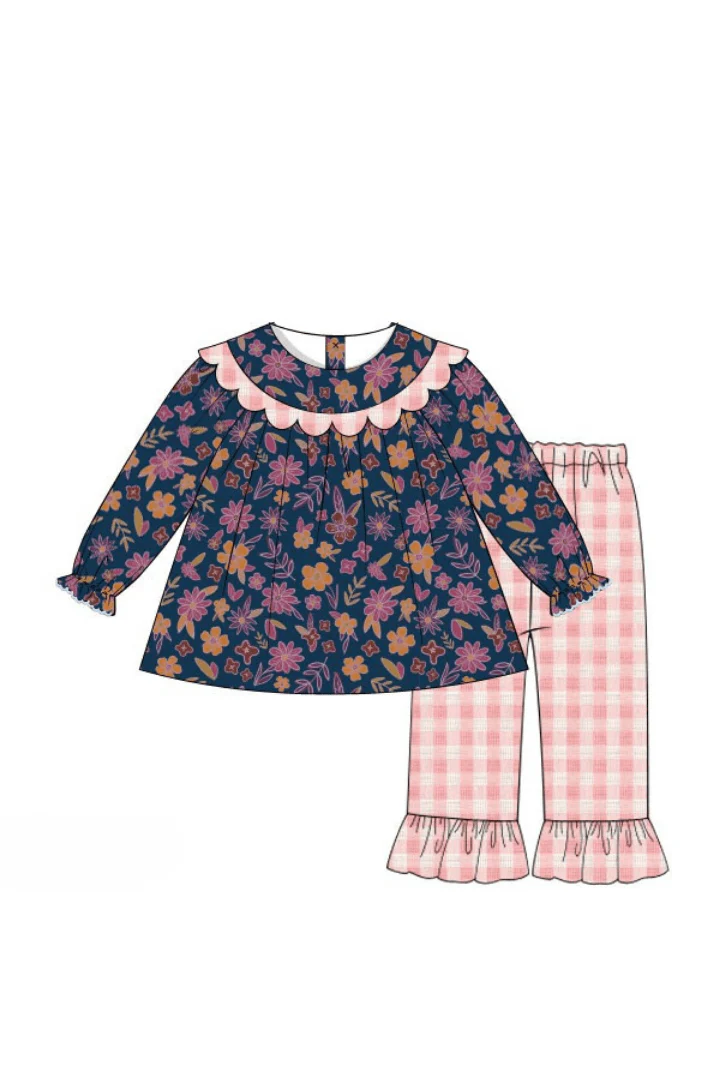 Navy Fall Floral Scalloped Pant Set - Image 2