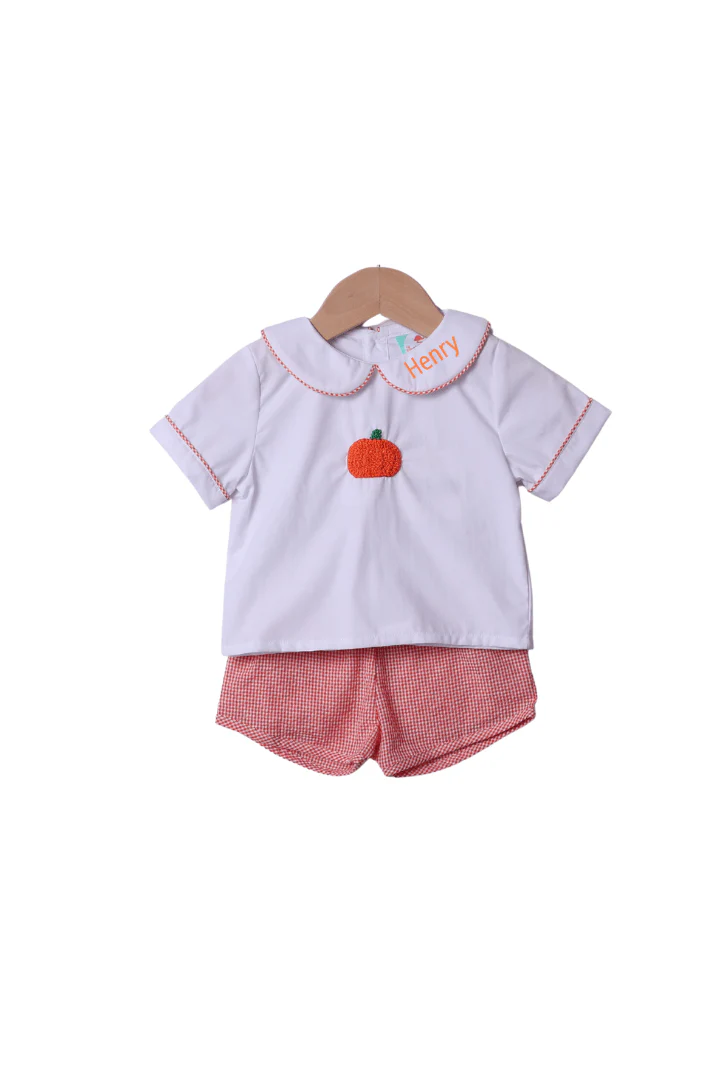 Hand Embroidered Pumpkin Orange Seersucker Gingham Short Set