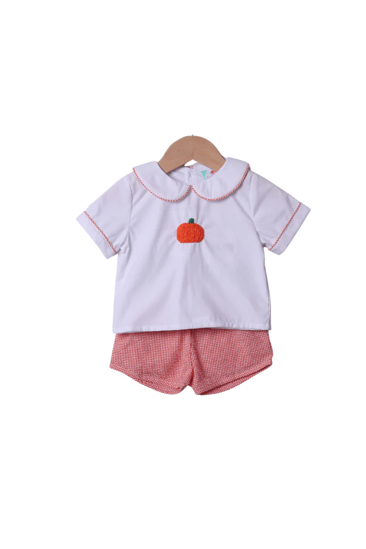 Hand Embroidered Pumpkin Orange Seersucker Gingham Short Set - Image 2