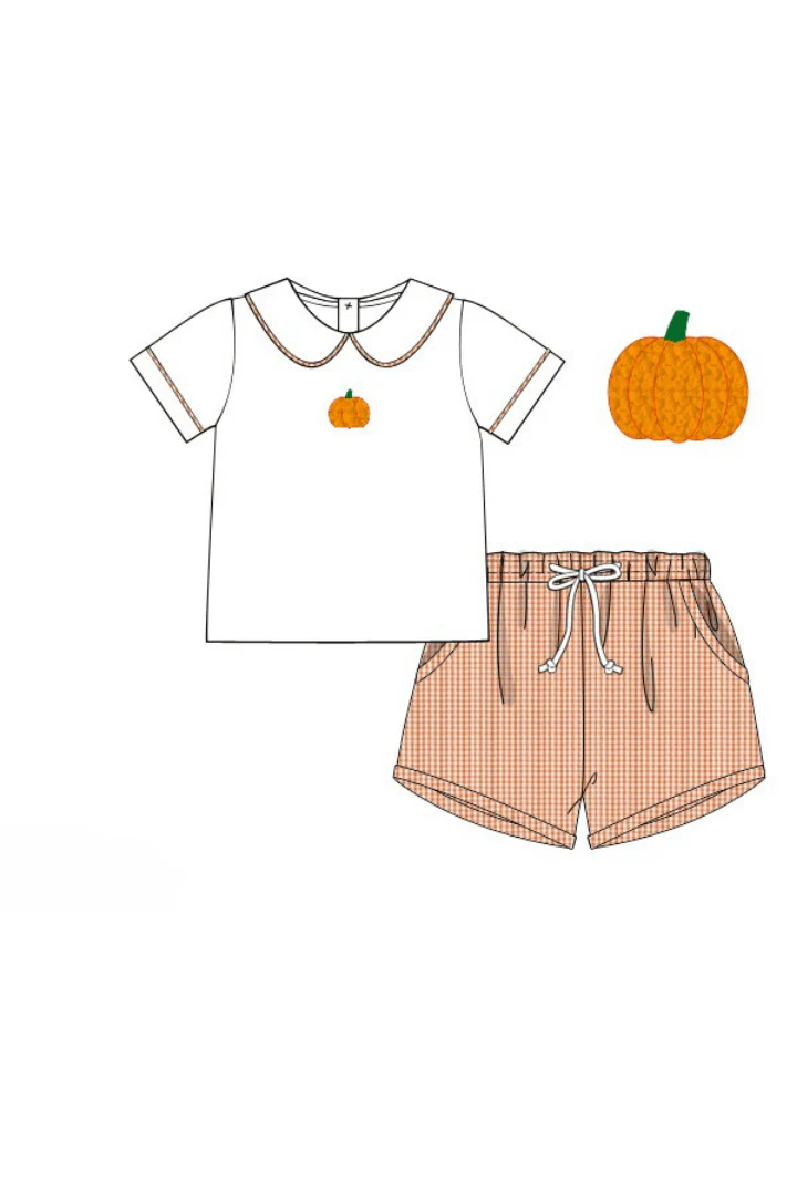 Hand Embroidered Pumpkin Orange Seersucker Gingham Short Set - Image 4