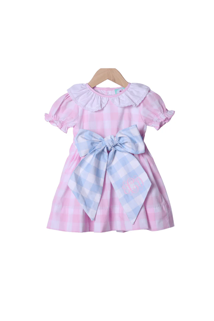 Pink and Blue Buffalo Check Ruffle Bow Dress