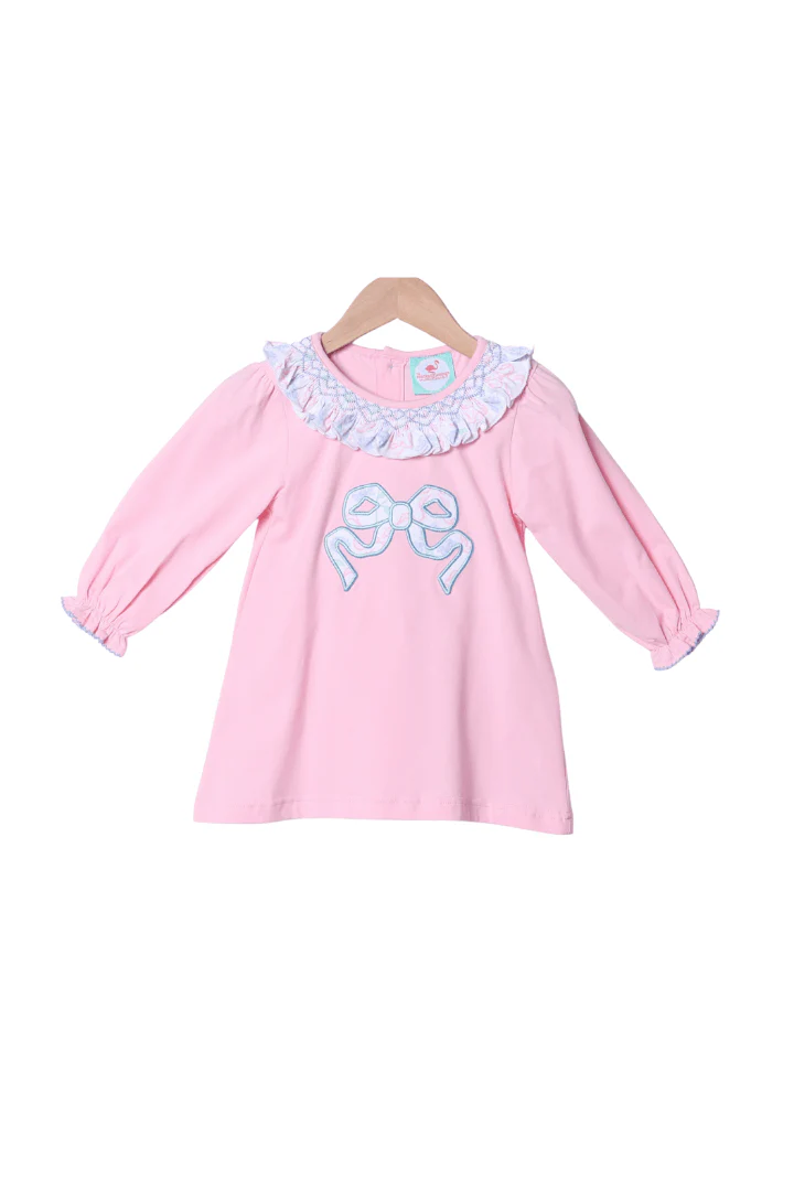 Smocked Pink Knit Floral Applique Bow Dress