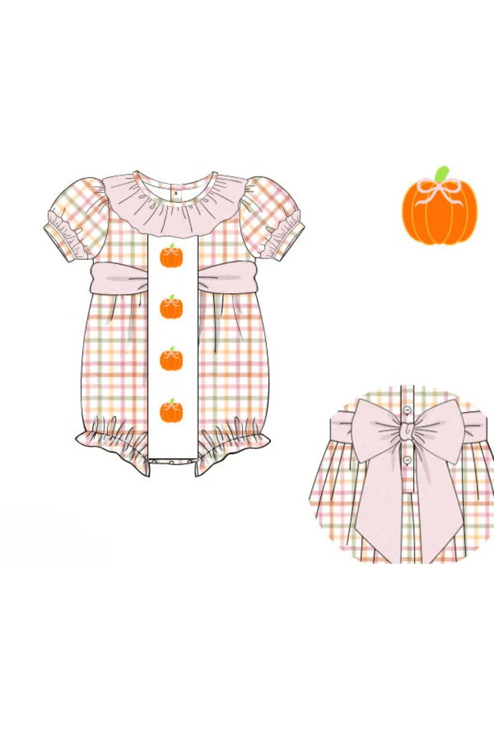 Hand Embroidered Plaid Pumpkin Bow Bubble - Image 3