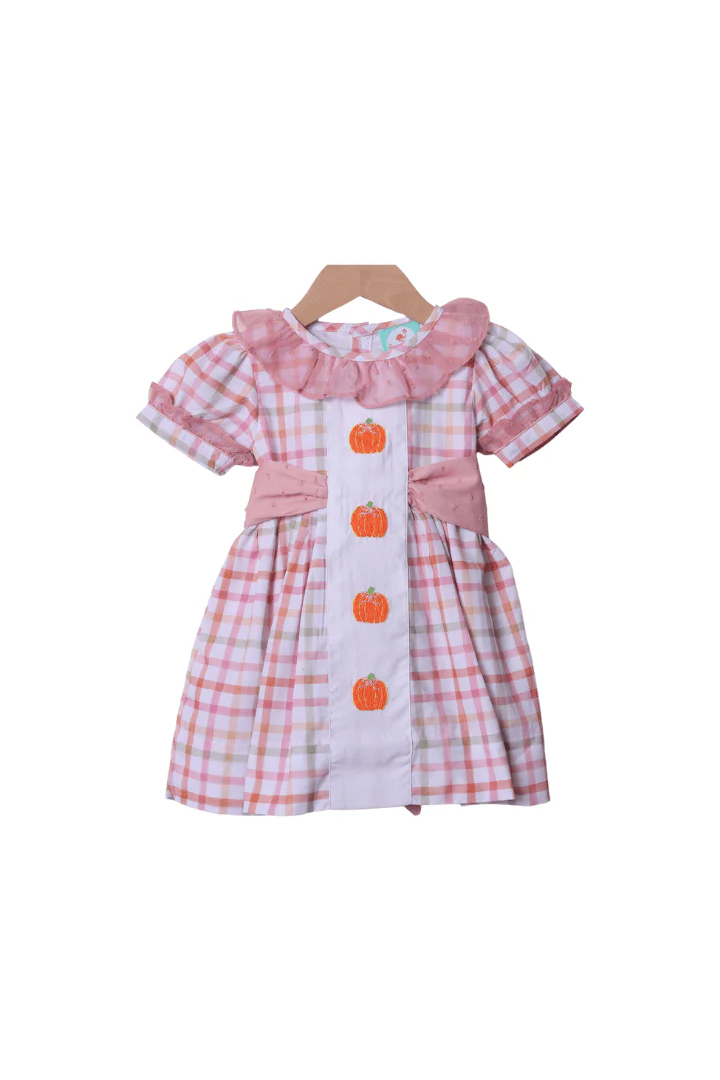 Hand Embroidered Plaid Pumpkin Bow Dress