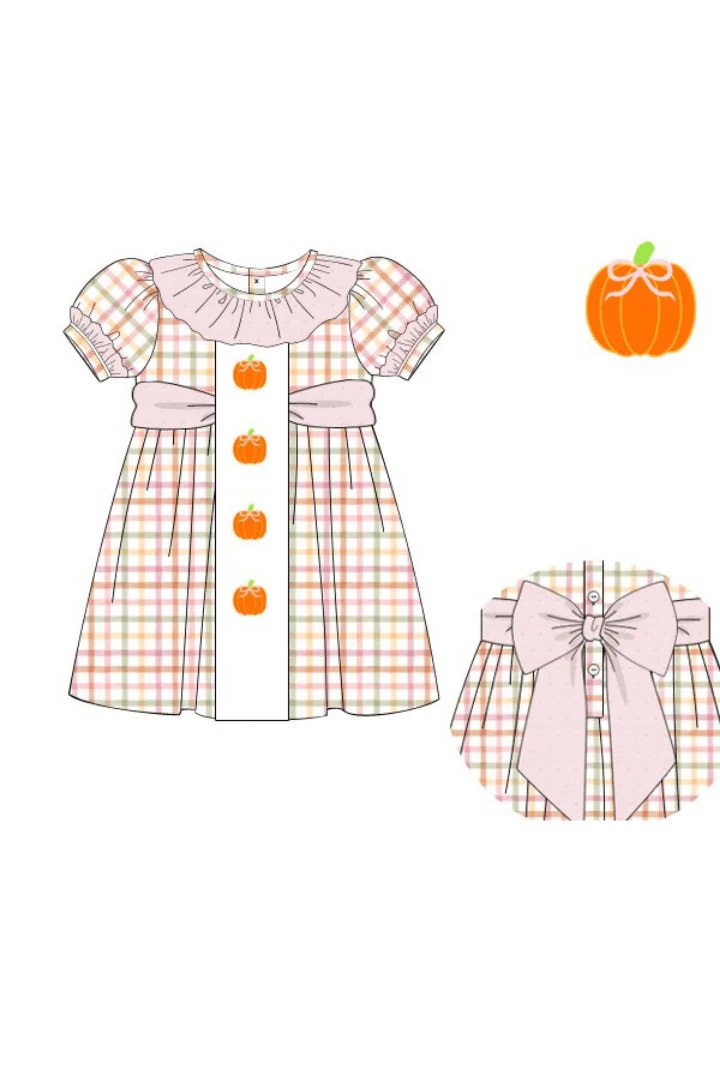 Hand Embroidered Plaid Pumpkin Bow Dress - Image 3