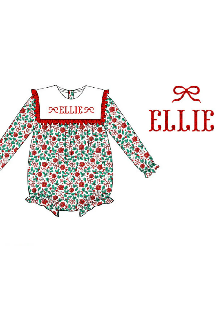 Pre-Order French Knot Custom Name Festive Holly Bow Bubble