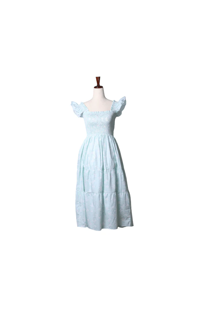 Smocked Blue and Green Floral Mom Dress