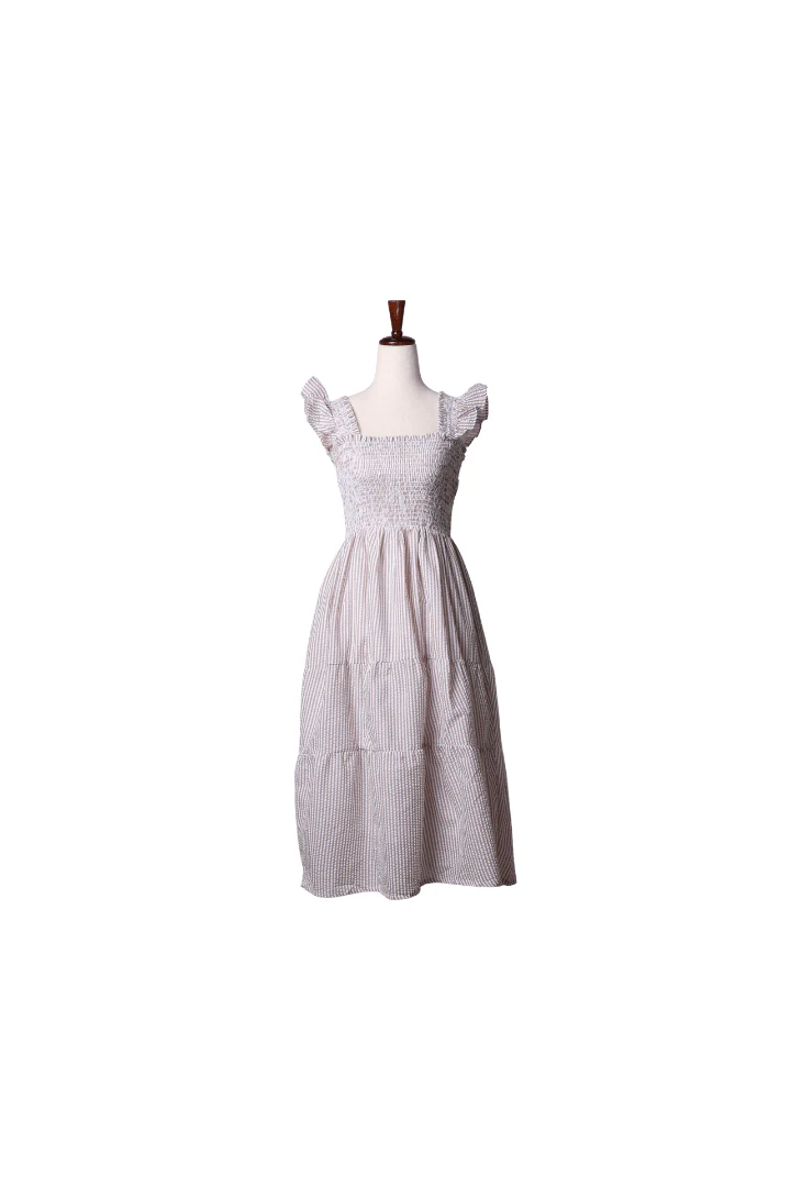 Smocked Khaki Seersucker Mom Dress