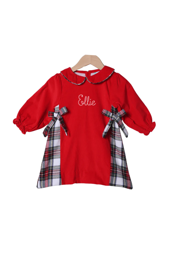 Red Corduroy Tartan Bow Dress