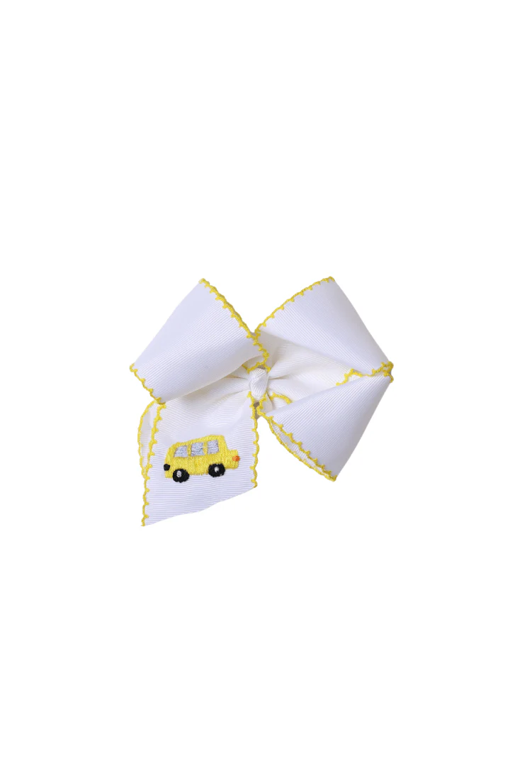 Scalloped Edge Grosgrain Bow with Embroidered Bus White/Yellow