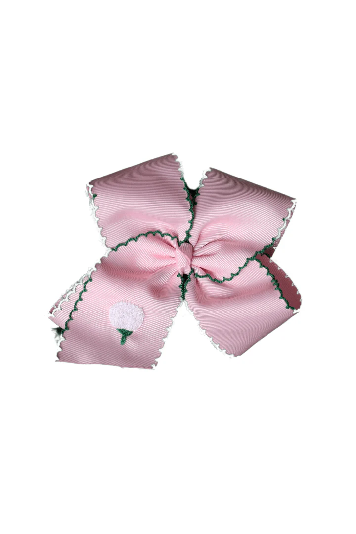 Scalloped Edge Grosgrain Bow with Embroidered Golf Ball Pink