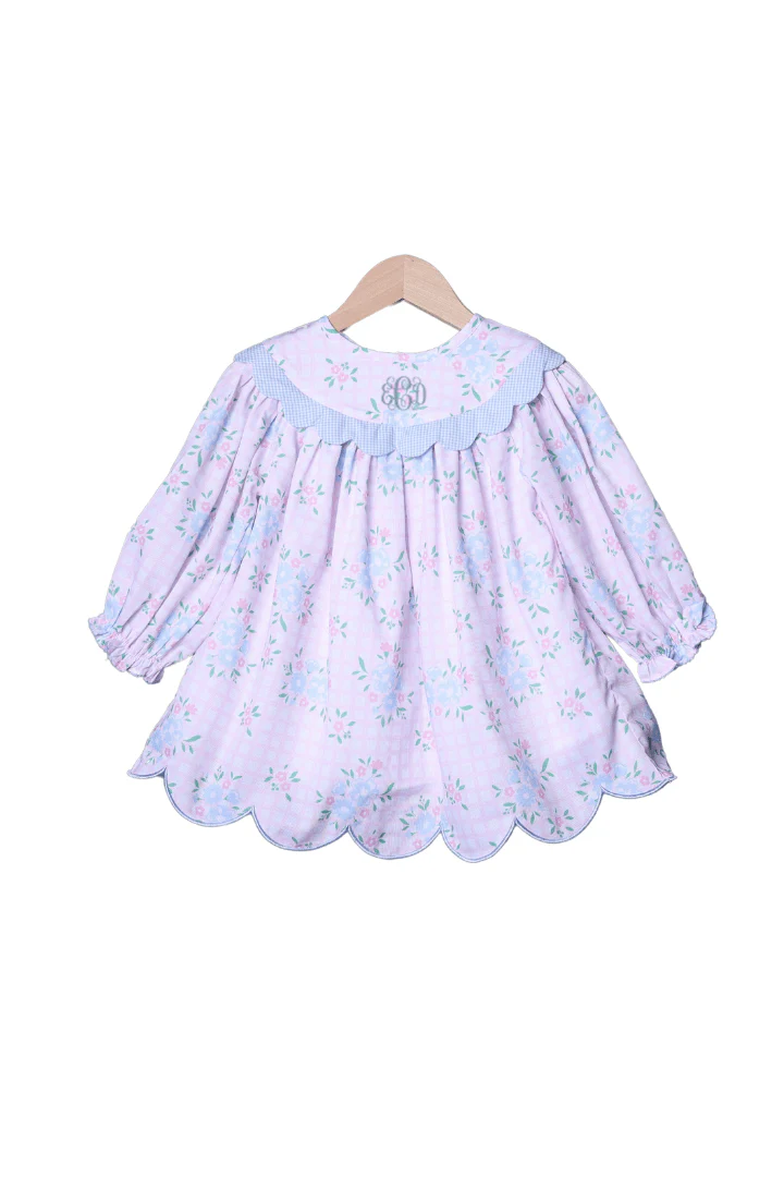 Scalloped Pink Floral and Blue Gingham Pique Dress