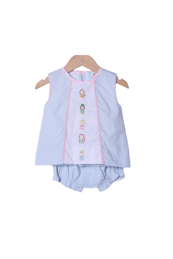 Shadow Embroidery Princess Blue Gingham Bow Bloomer Set