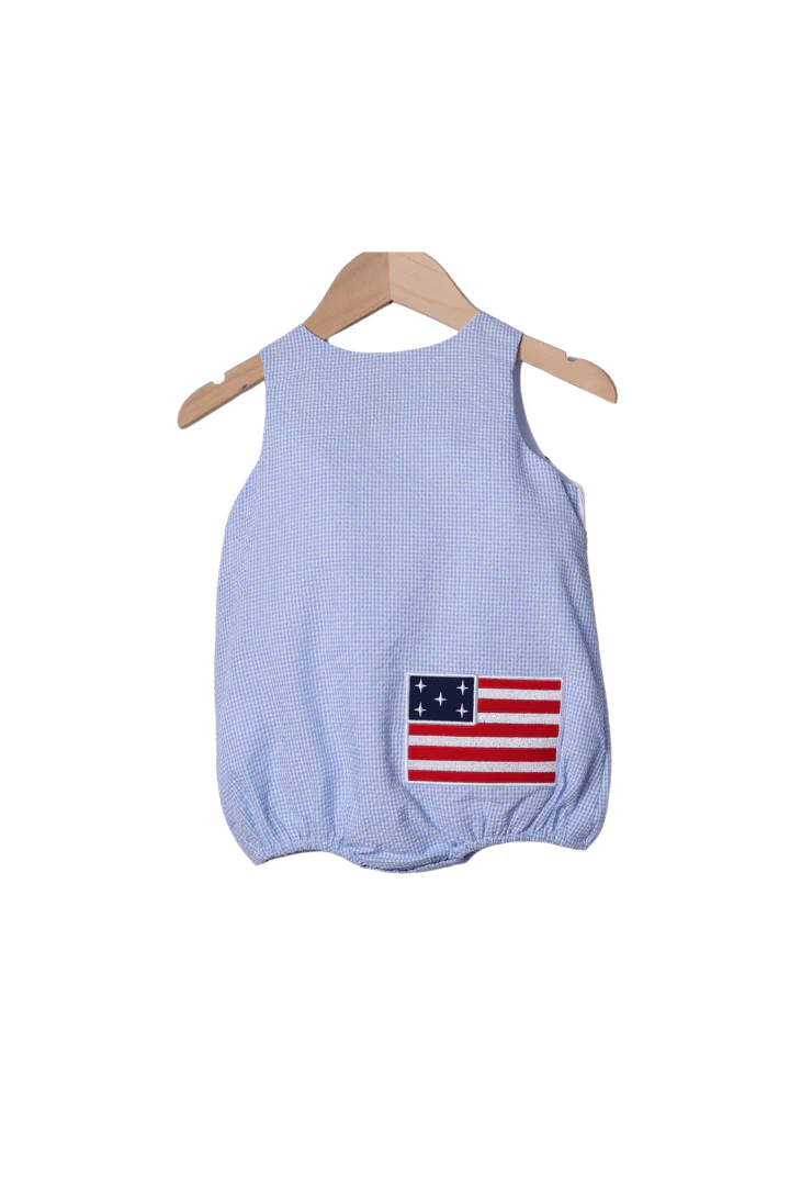 Smocked American Flag Blue Seersucker Bubble - Image 2