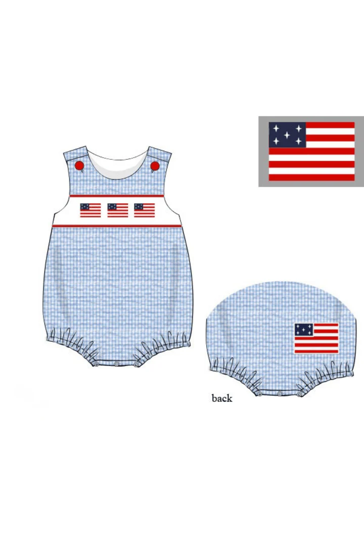 Smocked American Flag Blue Seersucker Bubble - Image 3