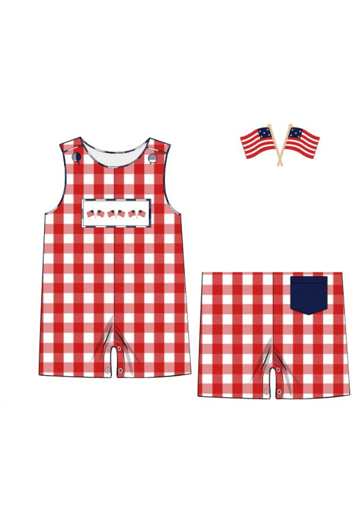 Smocked American Flag Red Buffalo Check Jon Jon - Image 2