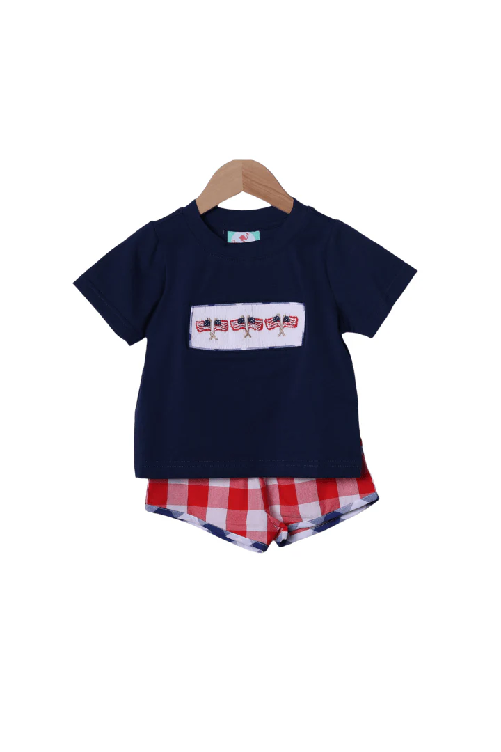 Smocked American Flag Red Buffalo Check Short Set