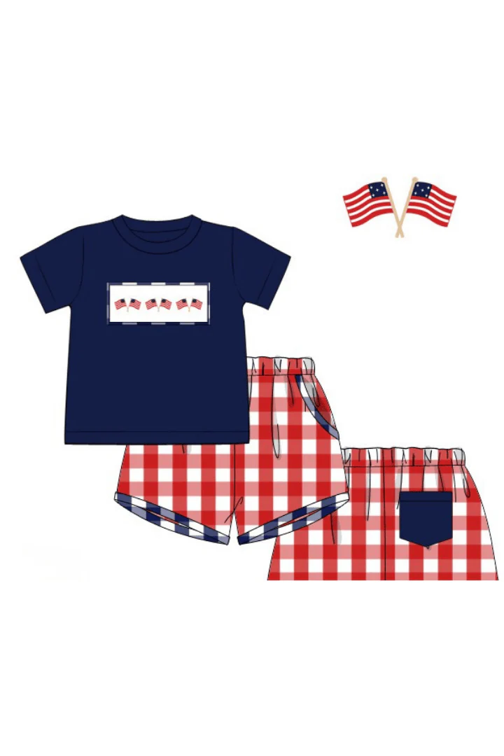 Smocked American Flag Red Buffalo Check Short Set - Image 3