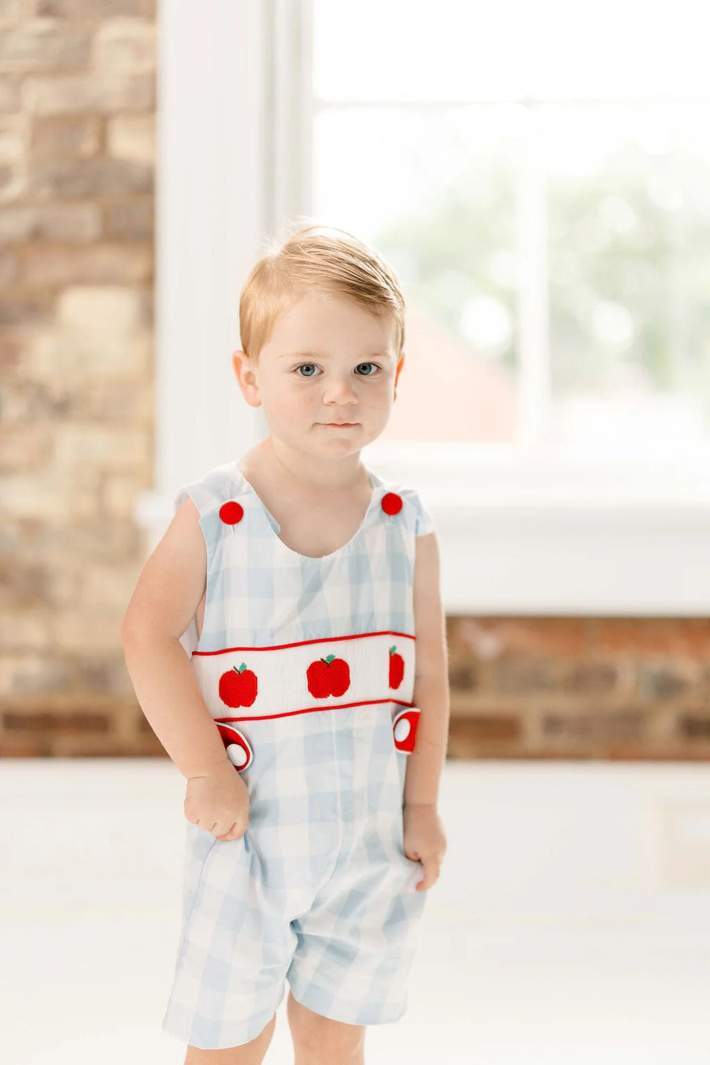 Smocked Apple Red/Blue Gingham Jon Jon - Image 2