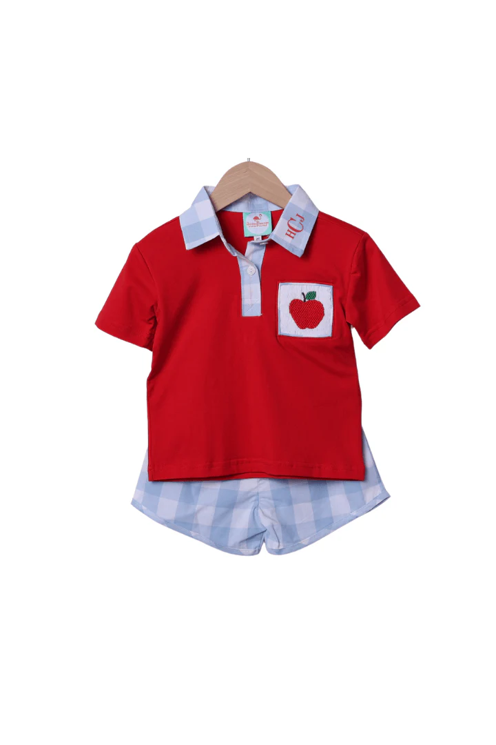 Smocked Apple Red/Blue Gingham Polo Short Set