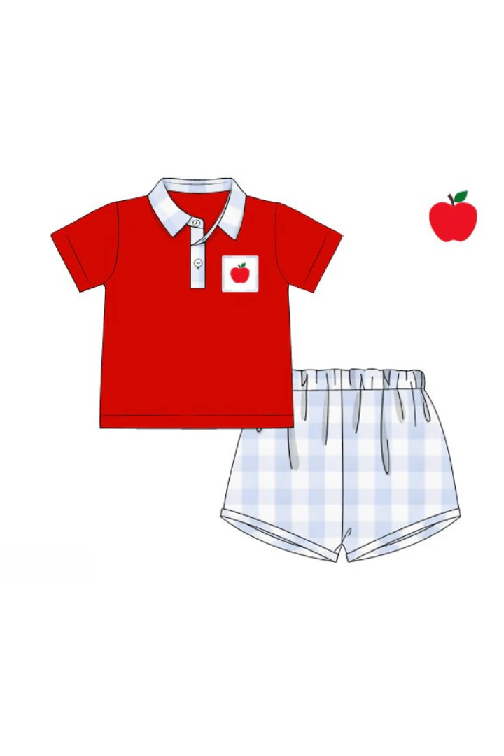 Smocked Apple Red/Blue Gingham Polo Short Set - Image 2