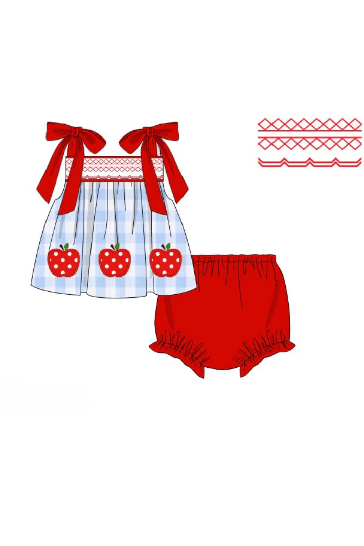 Smocked Apple Red/Blue Gingham Tie Bloomer Set - Image 3