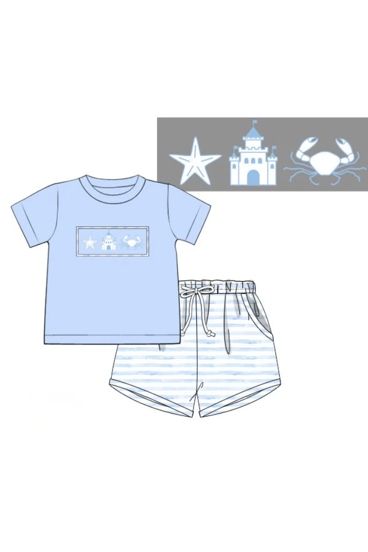 Smocked Beach Fun Blue Stripe Short Set - Image 2