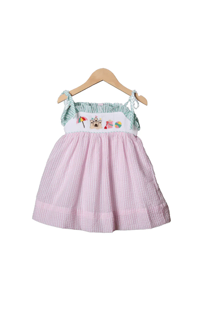 Smocked Beachy Beachy Pink Seersucker Dress