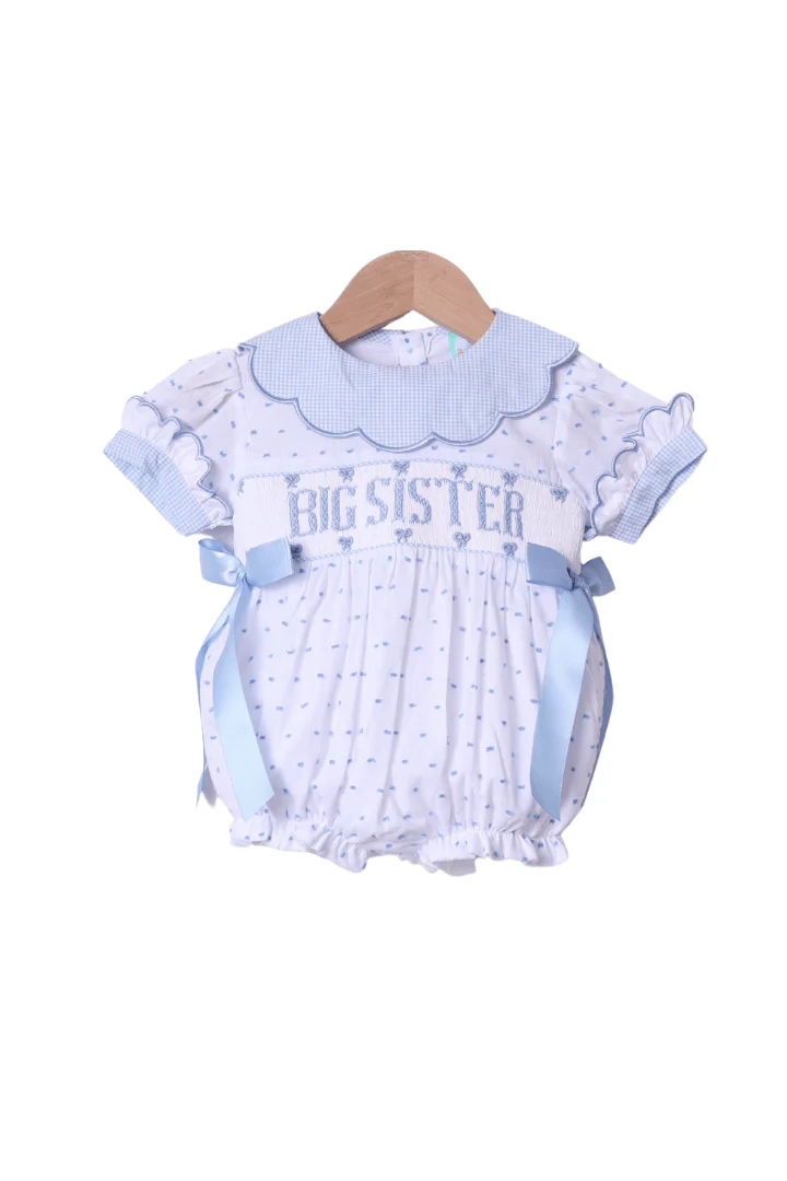 Smocked Big Sister Blue and White Swiss Dot Bow Bubble