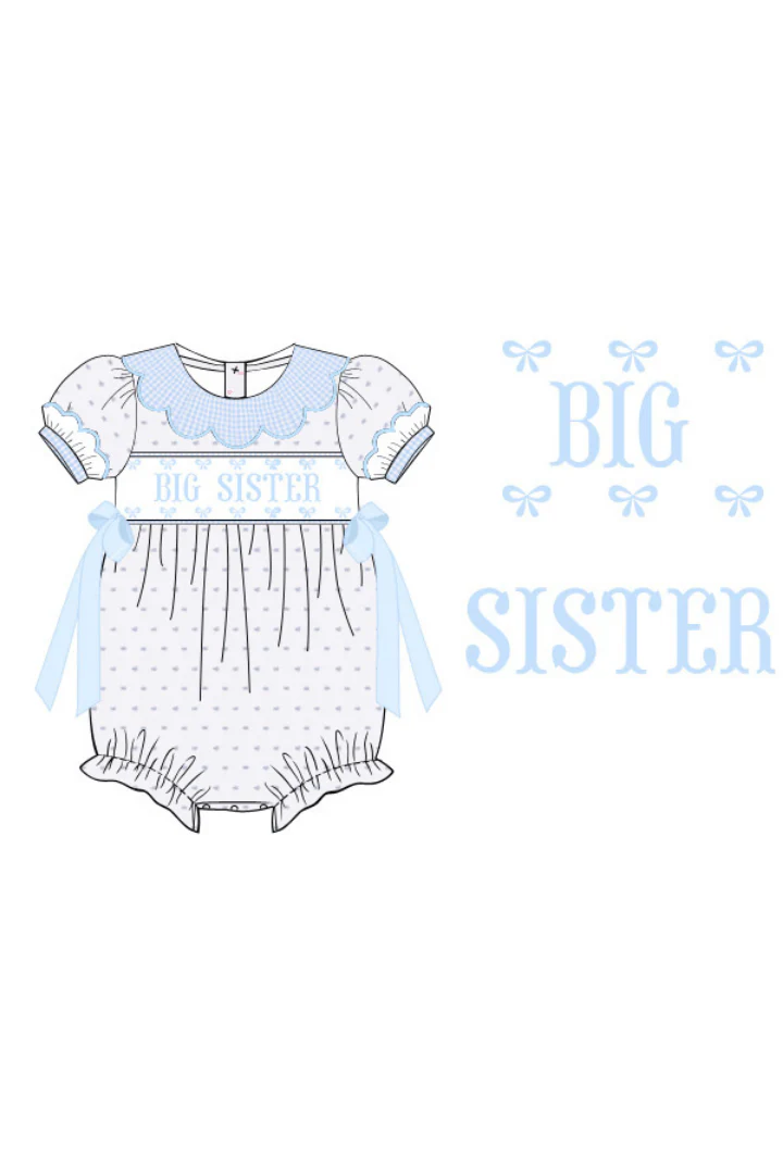 Smocked Big Sister Blue and White Swiss Dot Bow Bubble - Image 2
