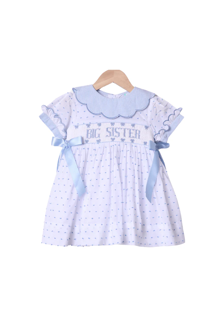 Smocked Big Sister Blue and White Swiss Dot Bow Dress