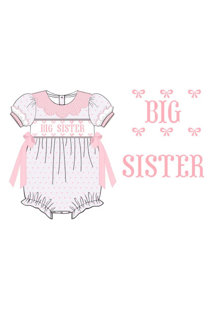 Smocked Big Sister Pink and White Swiss Dot Bow Bubble - Image 2