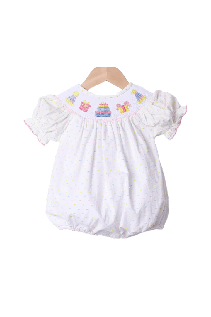 Smocked Birthday Celebration Pastel Swiss Dot Bubble