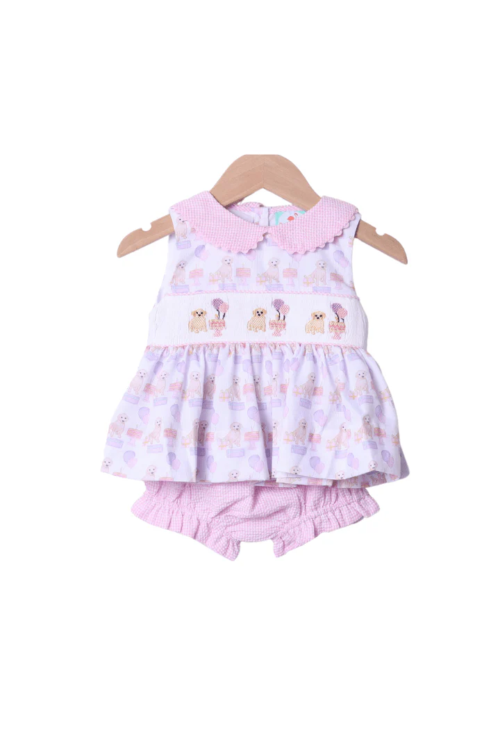 Smocked Birthday Pawty Pink Bloomer Set