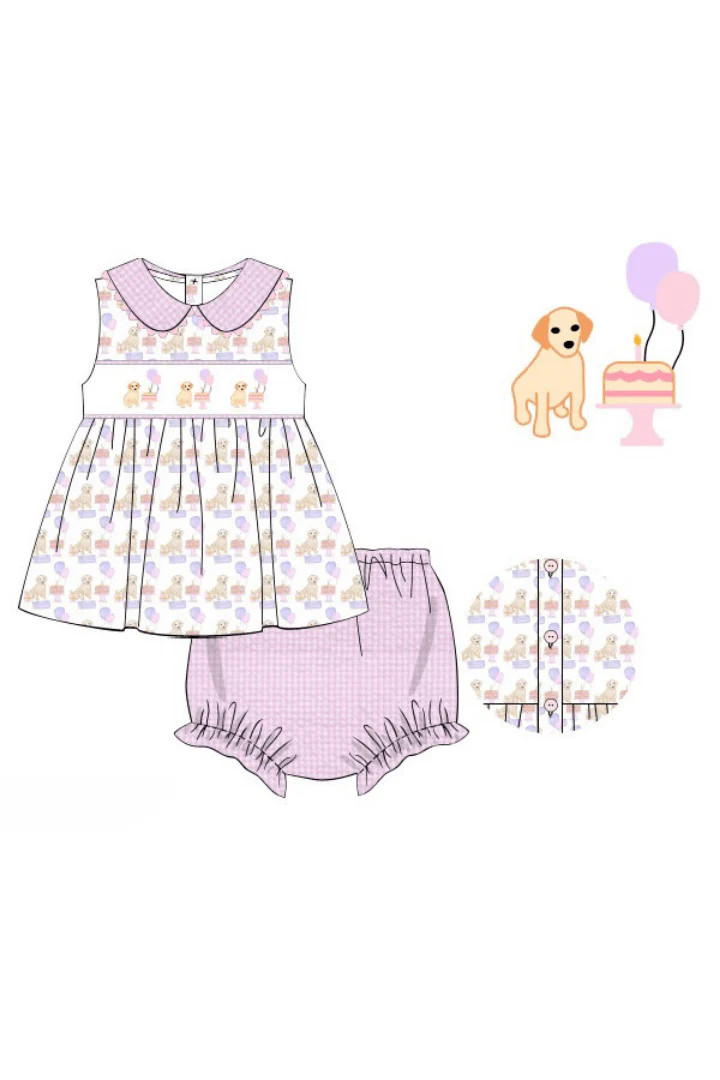 Smocked Birthday Pawty Pink Bloomer Set - Image 2