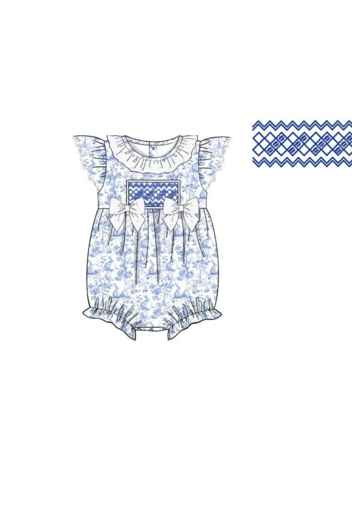 Smocked Blue Bunny Toile Bubble - Image 2