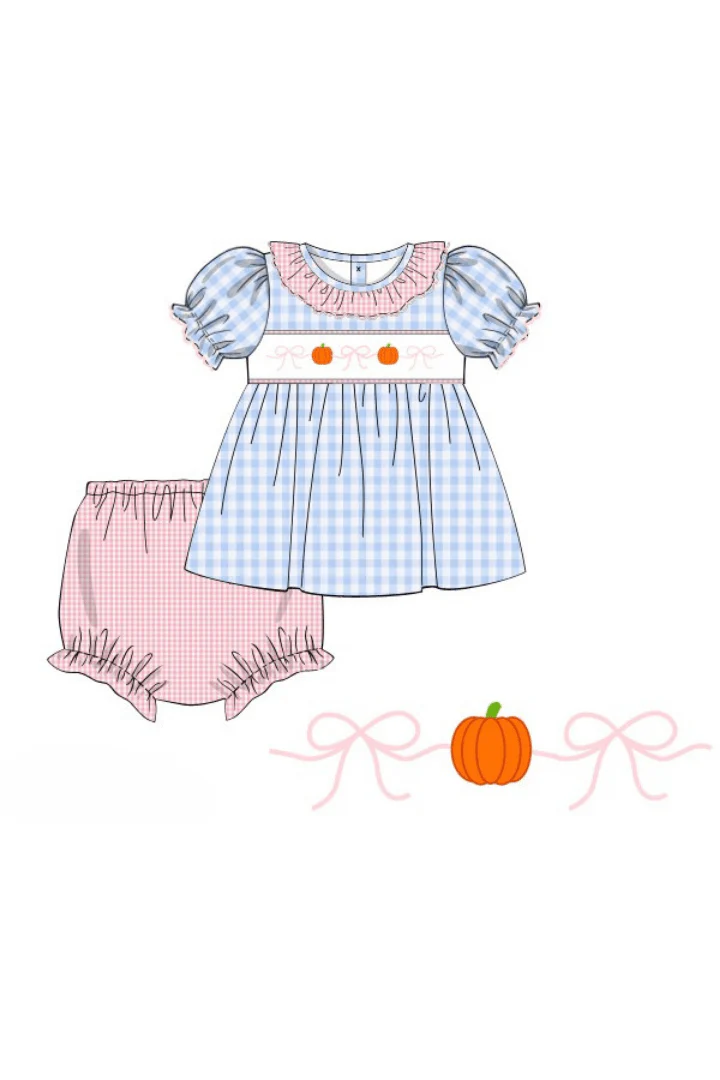 Smocked Blue Gingham Bow Pumpkin Bloomer Set - Image 2
