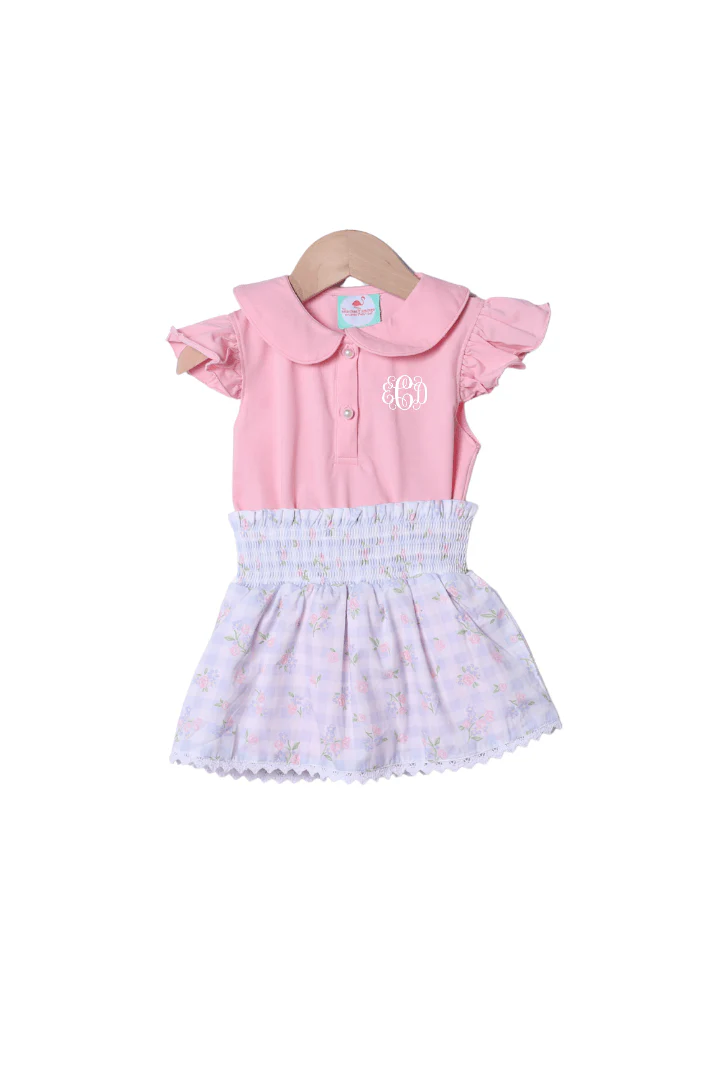 Smocked Blue Gingham Floral Skort Set