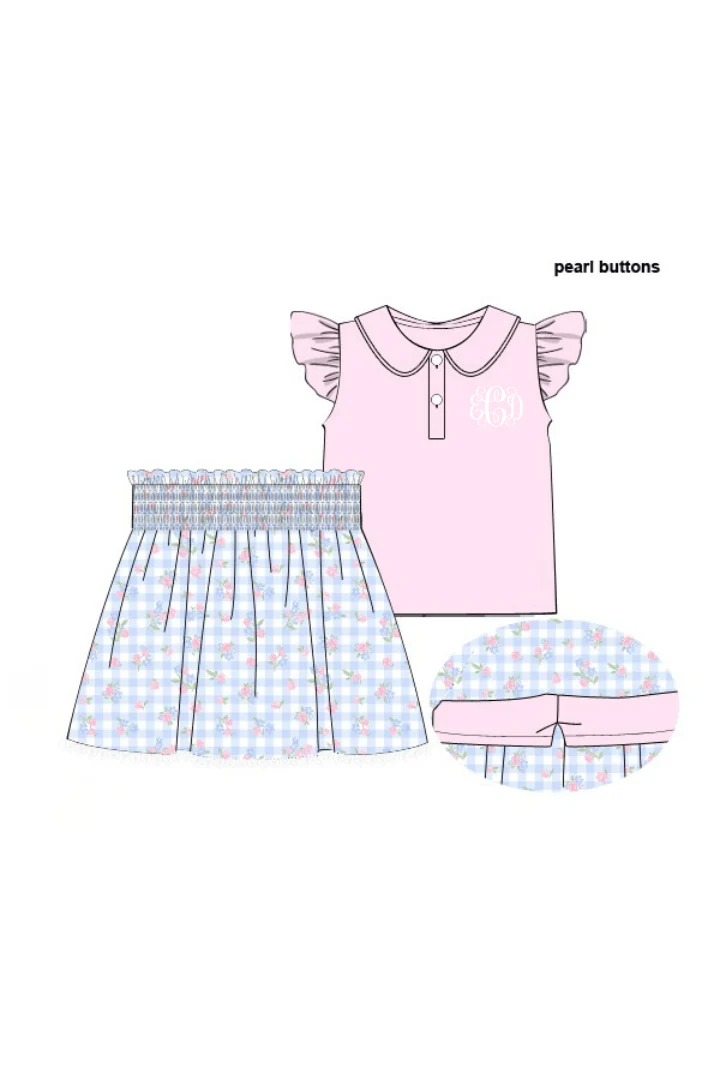 Smocked Blue Gingham Floral Skort Set - Image 3