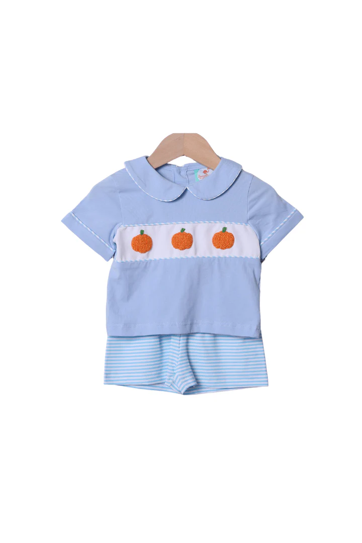 French Knot Blue Stripe Pumpkin Short Set