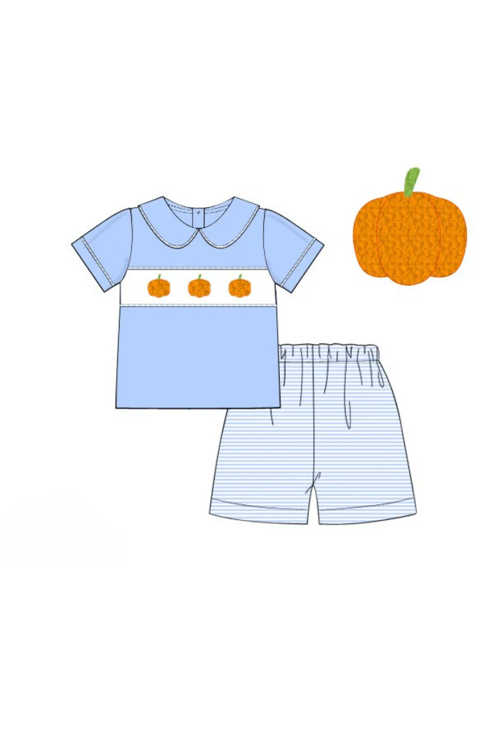 French Knot Blue Stripe Pumpkin Short Set - Image 2