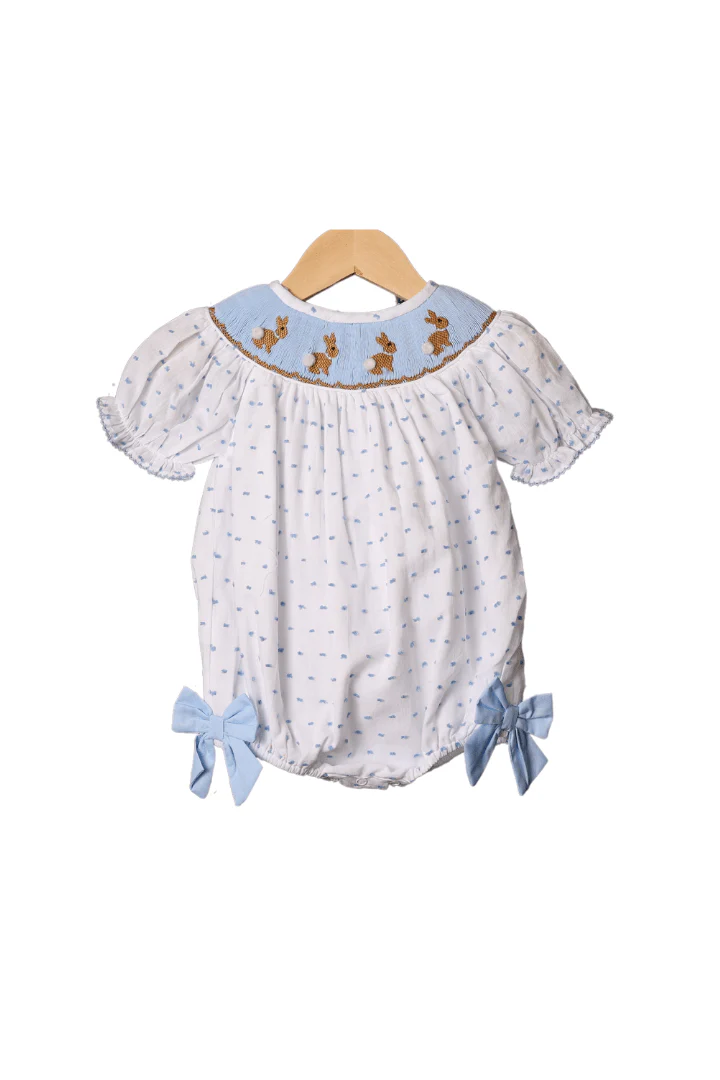 Smocked Blue Swiss Dot Bunny Bow Bubble
