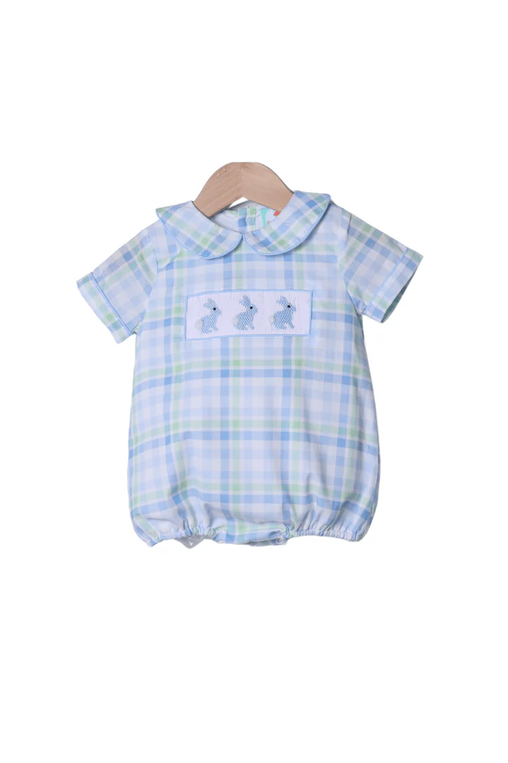 Smocked Bunny Blue and Green Plaid Bubble