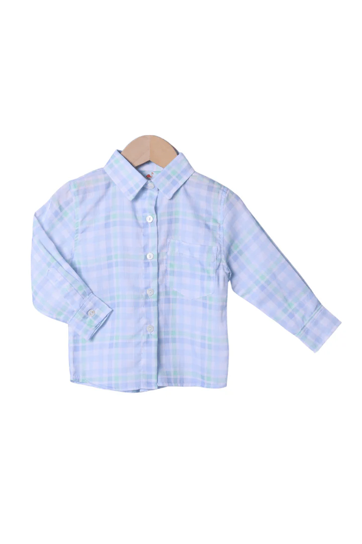 Smocked Bunny Blue and Green Plaid Bubble Button Down