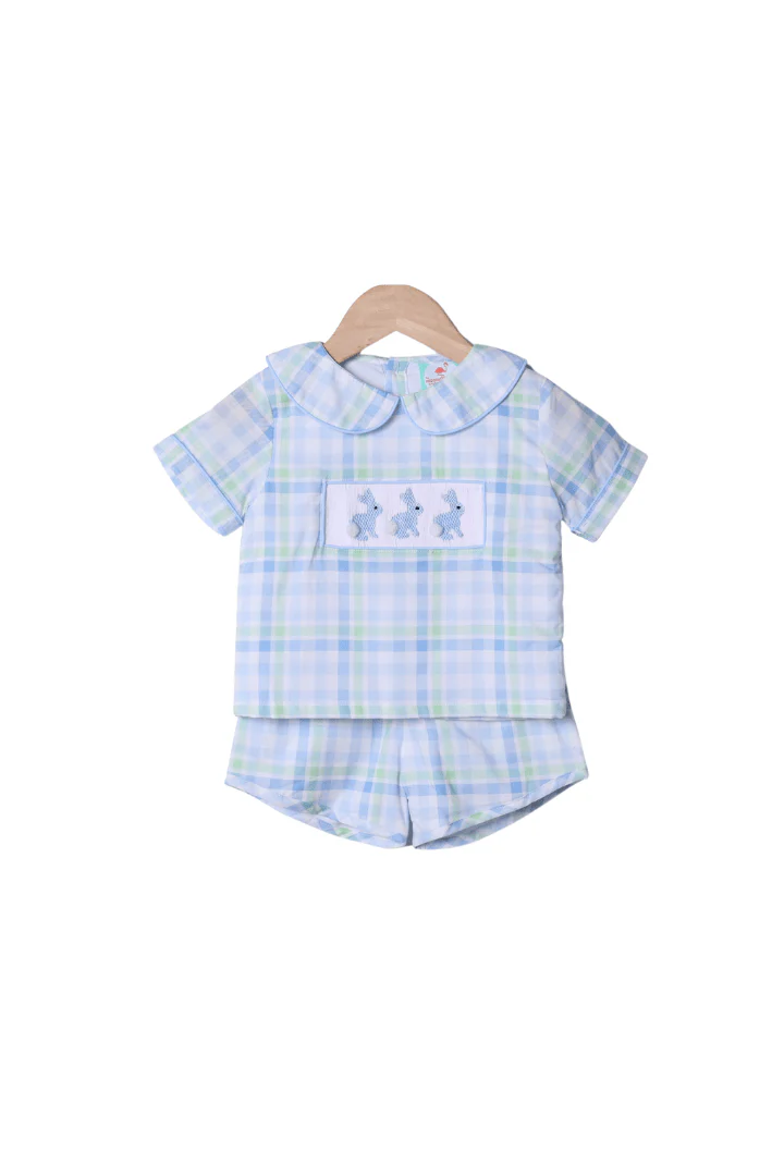 Smocked Bunny Blue and Green Plaid Short Set