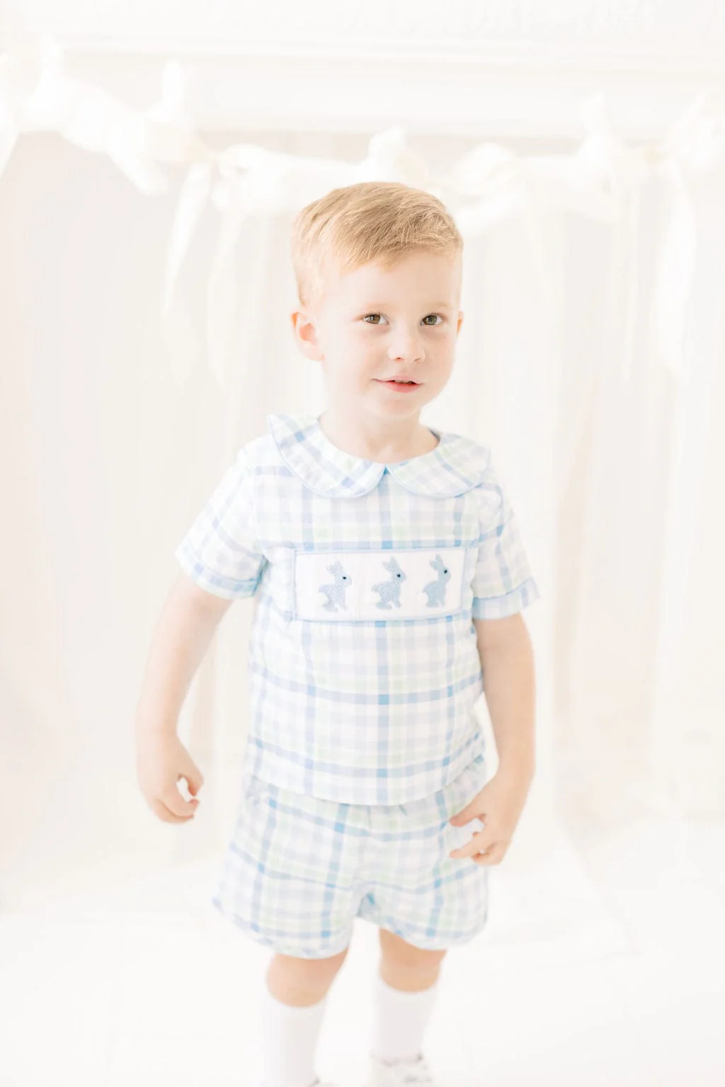 Smocked Bunny Blue and Green Plaid Short Set - Image 2
